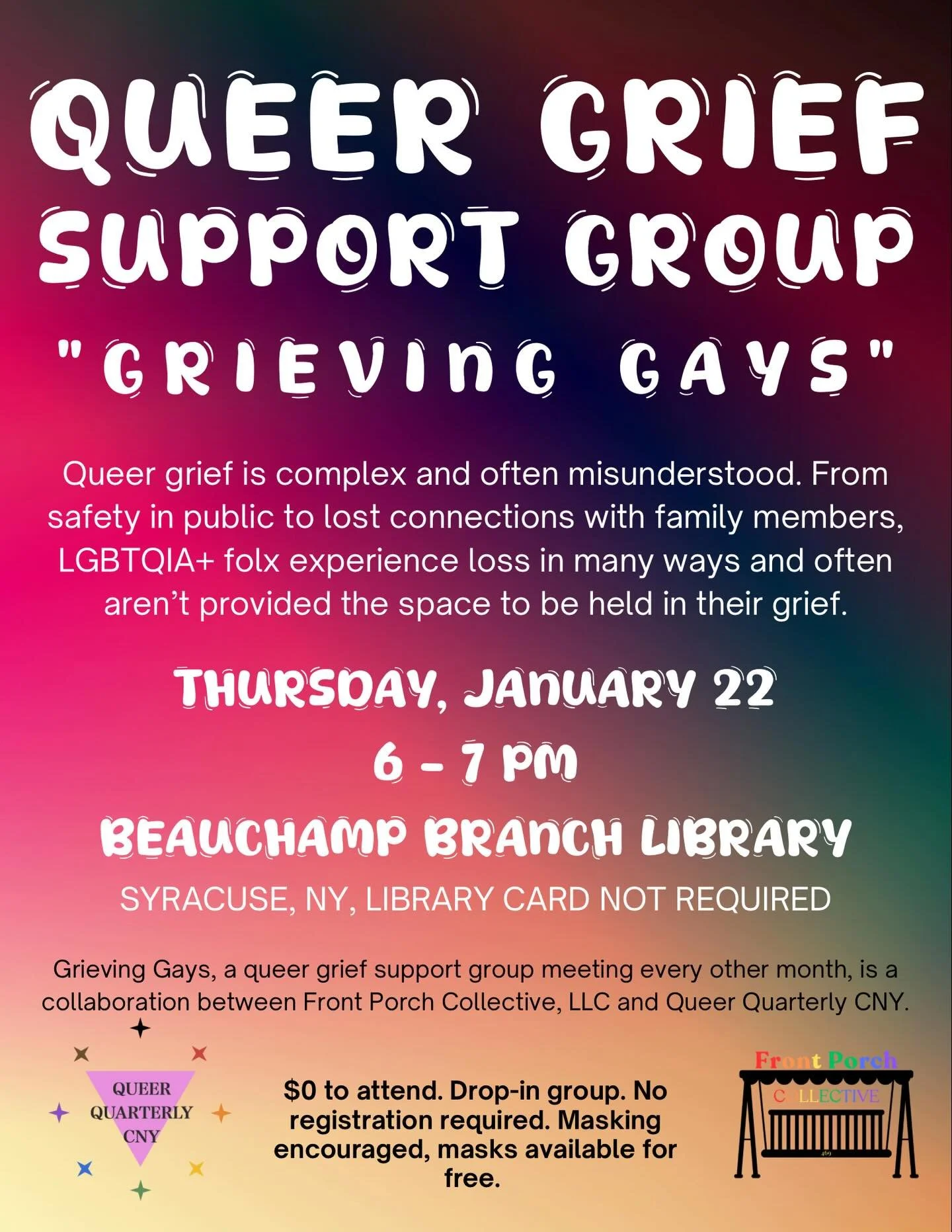 TONIGHT AT BEAUCHAMP LIBRARY: Grieving Gays

Queer grief is complex and often misunderstood. From safety in public to lost connections with family members, LGBTQIA+ folx experience loss in many ways and often aren&rsquo;t provided the space to be hel