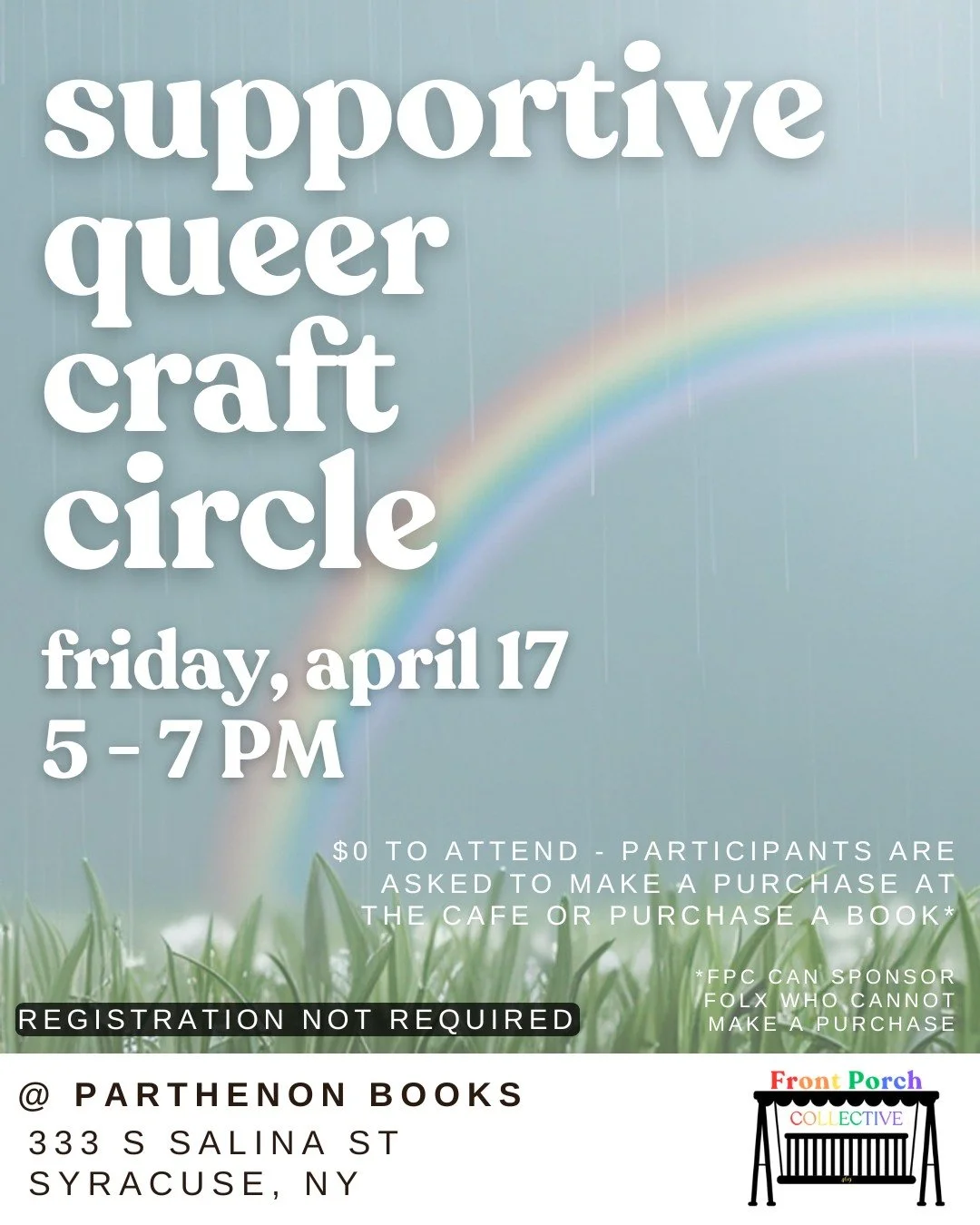 Mark your calendars for this month's Craft Circle! 📍 2 weeks from today at @parthenonbookssyr 📚🎨

Supportive Queer Craft Circle
Friday, April 17
5-7 PM 
Parthenon Books, Downtown Syr, NY
$0 to attend, registration NOT required
Participants are ask