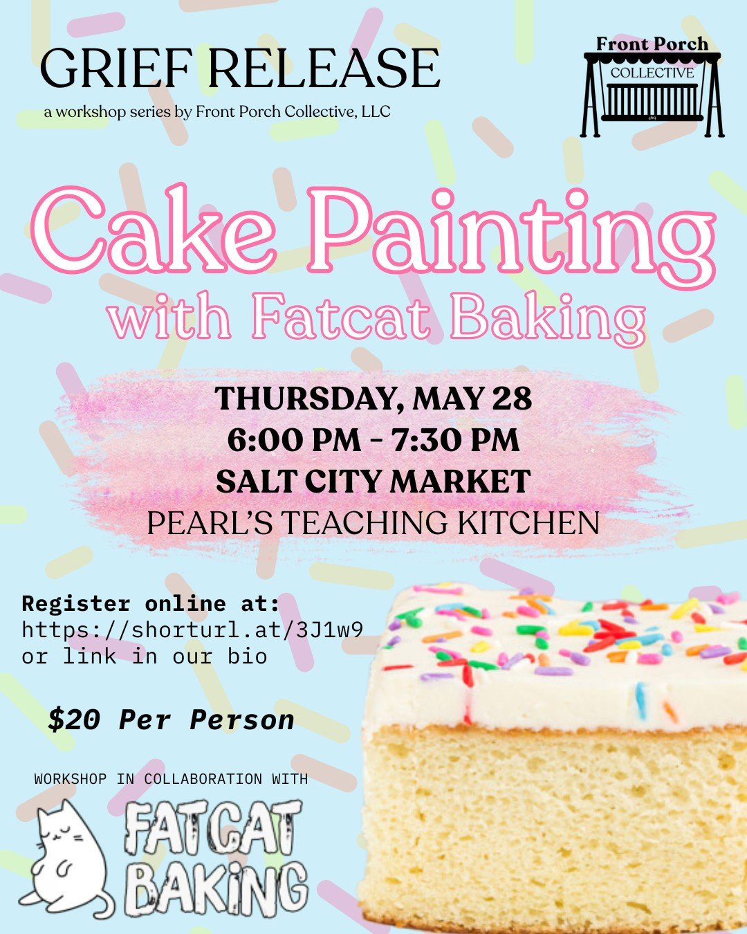 One of our most popular Grief Release workshops is back this month!

Grief Release: Cake Painting with @fatcatbaking 
Thursday, May 28
@ Salt City Market
$20 per person, REGISTRATION REQUIRED
➡ 🔗 on our page! 

❓What will this workshop entail?
Atten