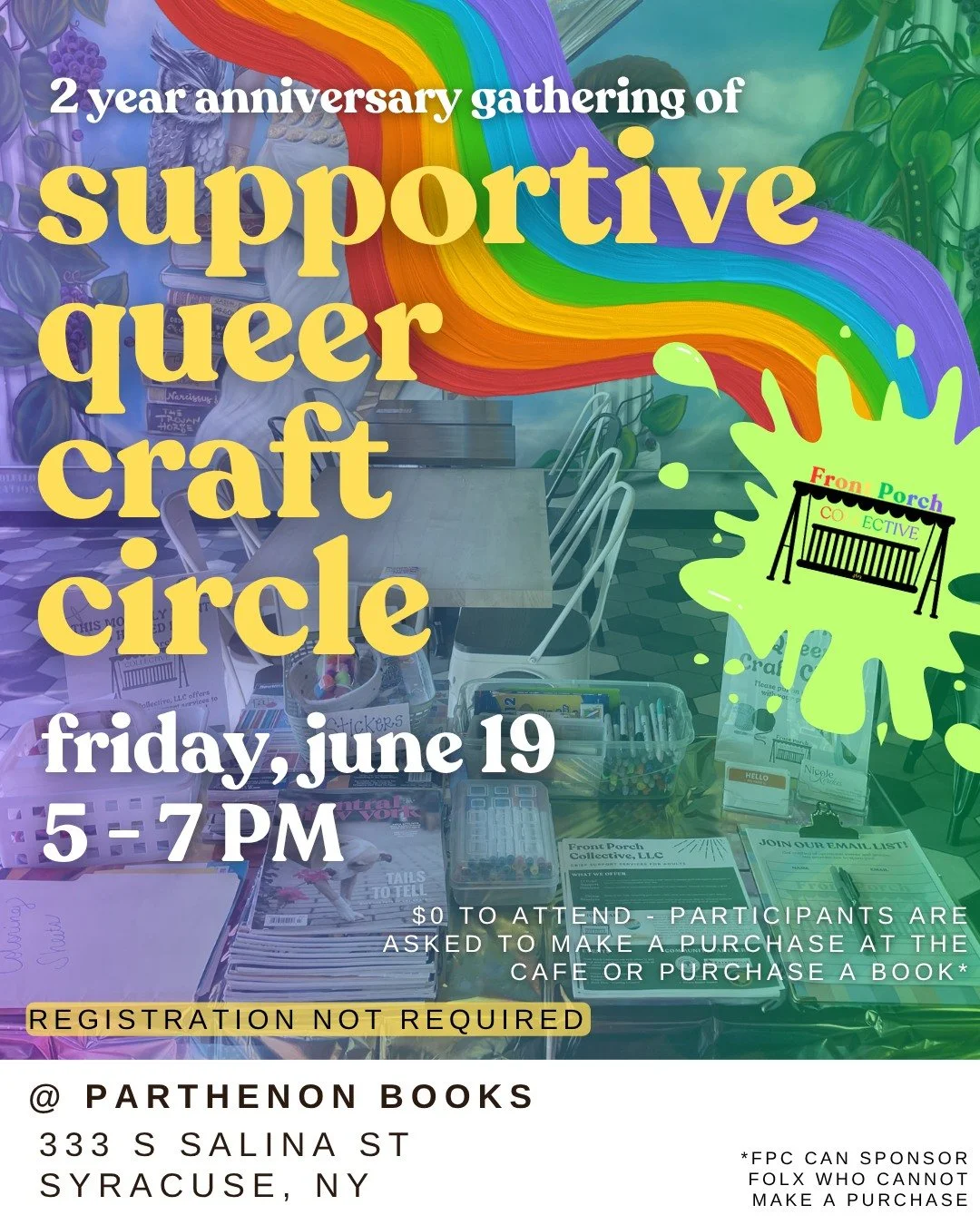 Join us at Parthenon Books for a celebration of 🏳️&zwj;🌈 TWO YEARS of Supportive Queer Craft Circle 🏳️&zwj;🌈 on Friday, June 19 from 5-7 PM!!

Connect with queer community, express yourself through crafts and art, and enter to win FREE door prize