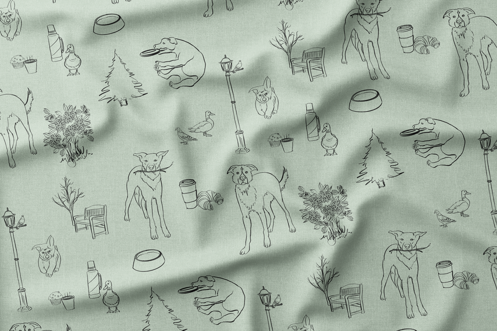 Illustration of various objects and animals, including dogs, ducks, pigeons, a frisbee, trees, a street lamp, park bench, croissant, muffin, coffee cup, thermos, flowers, and a leafless tree on a teal background.