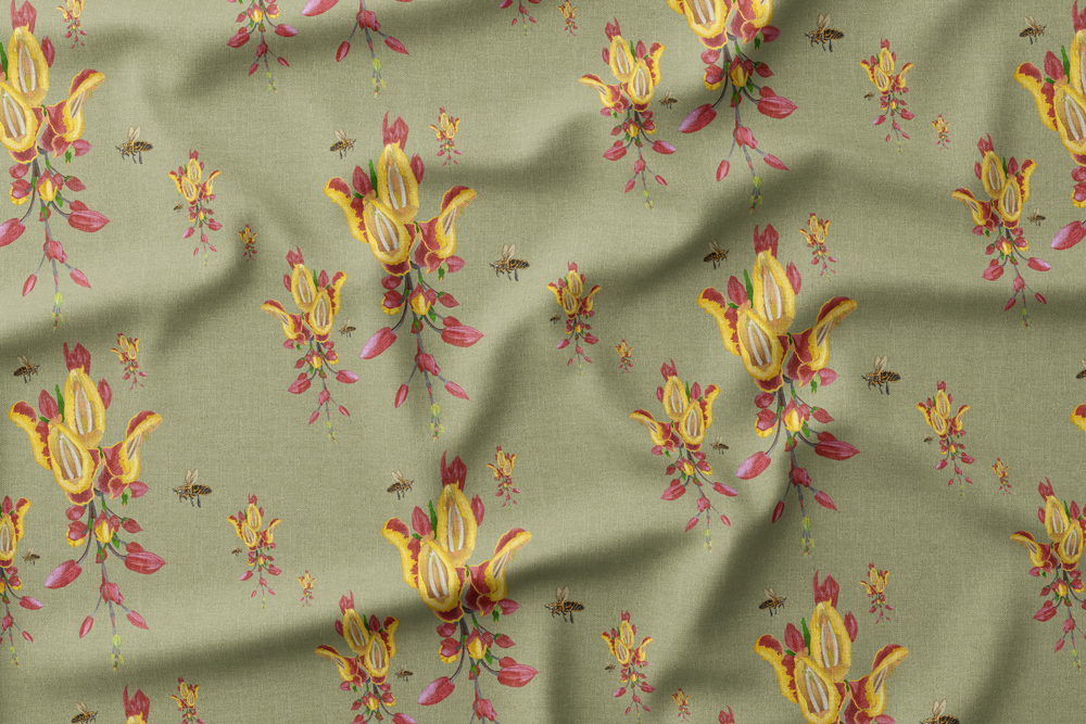 Illustration of yellow and red tropical flowers with bees on a green background.