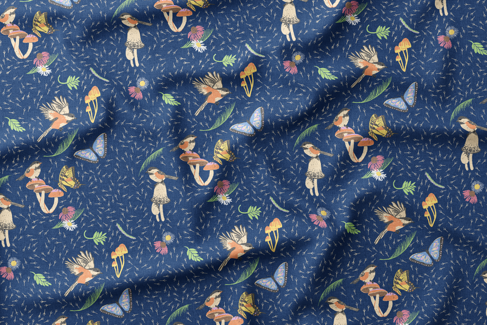 #4 Birds Butterflies Mushrooms Flowers Grasses on Dark Blue