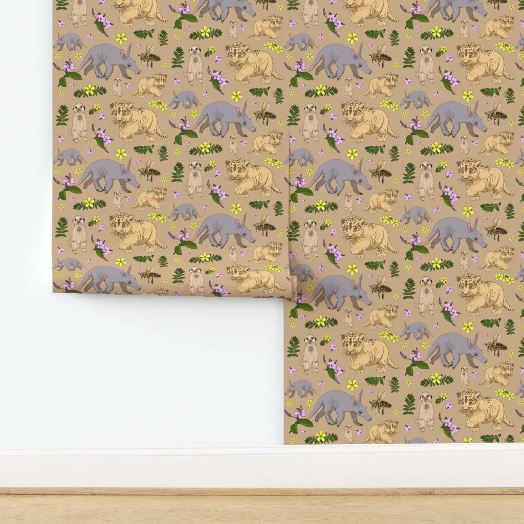 Illustrated animals including a meerkat, leopard cubs, aardvarks, and a bee surrounded by yellow and purple flowers on a beige background.