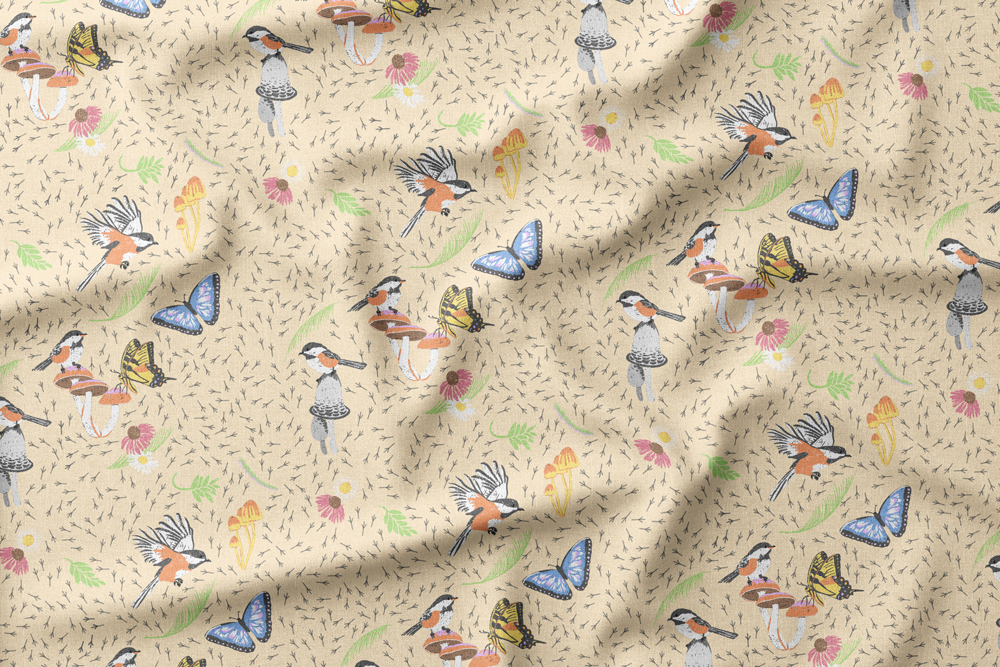 #3 Cozy Mountain Cabin - Birds Butterflies Mushrooms Flowers Grasses on Cream