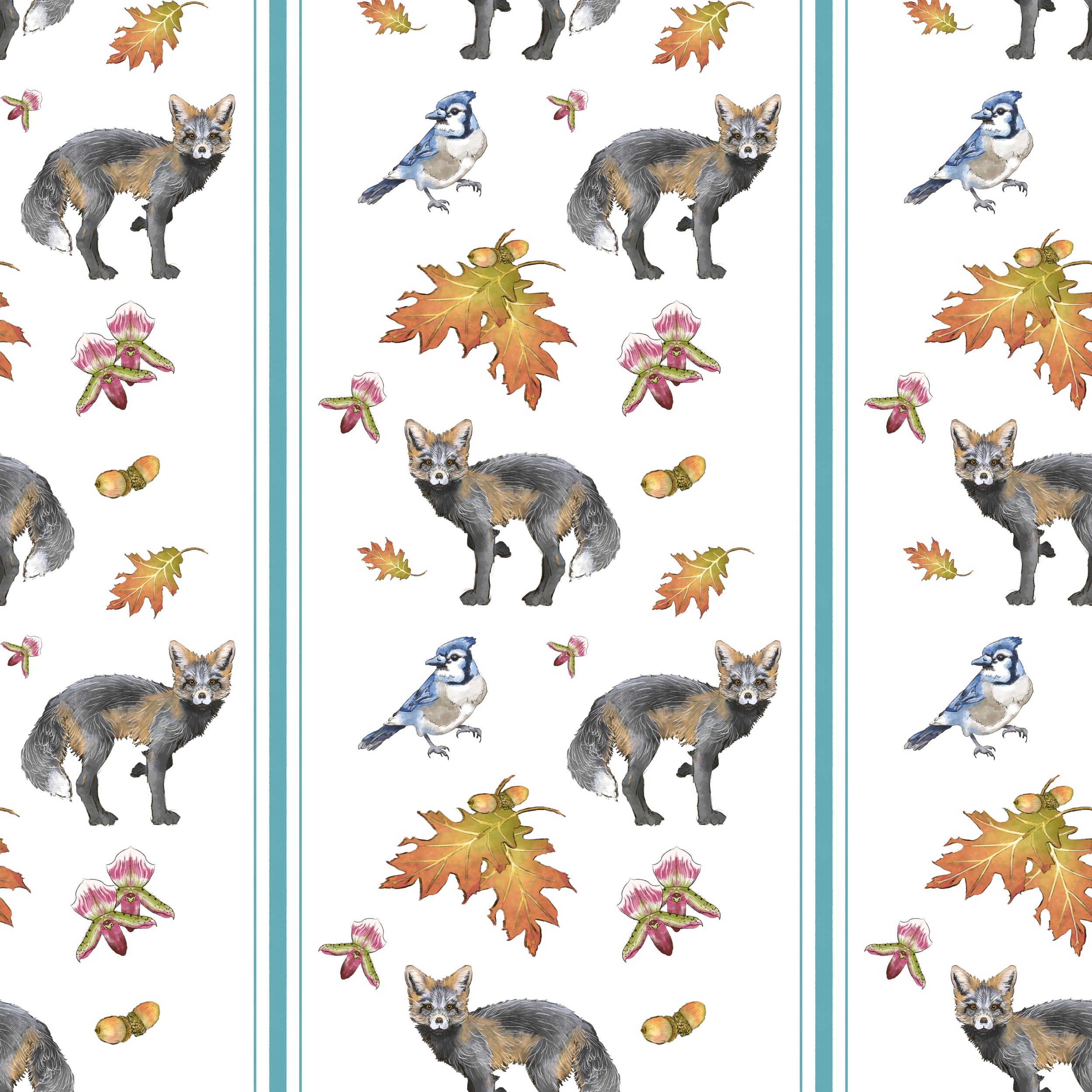 Pattern with illustrations of a fox, blue jay, autumn leaves, and nuts on a white background divided by vertical teal stripes.