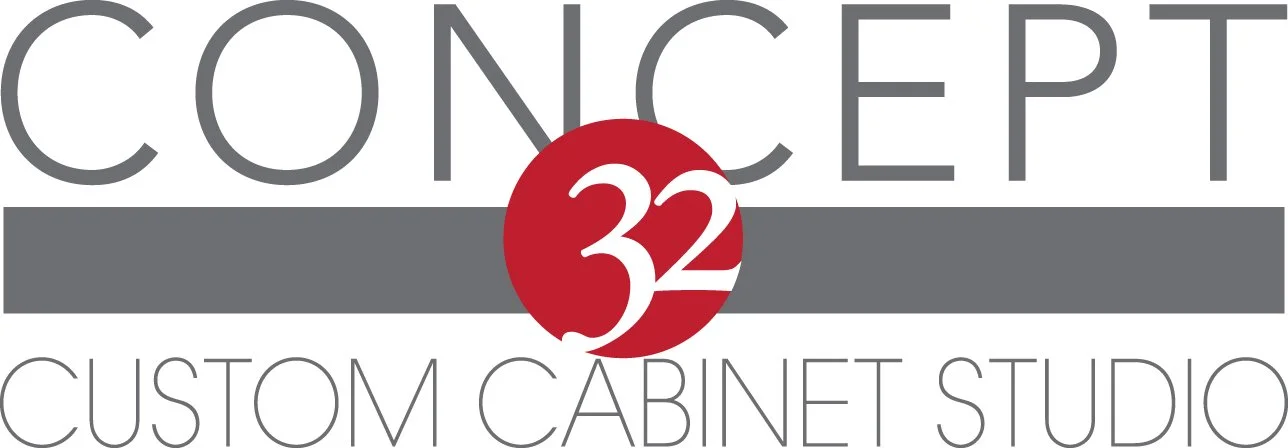 Logo for Concept 32 Custom Cabinet Studio featuring large gray text with a red circle and white number 32 in the center.