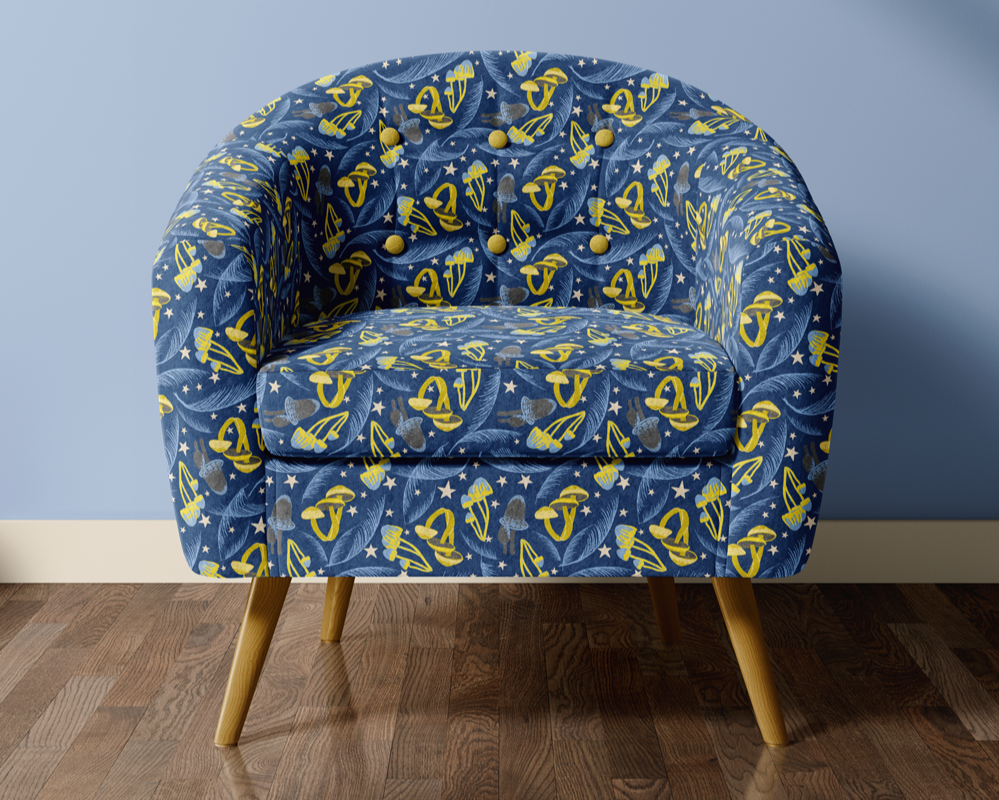 Cozy Mountain Cabin Wildlife
Colorway: 09 (Cosmic Mushrooms on Dark Blue)