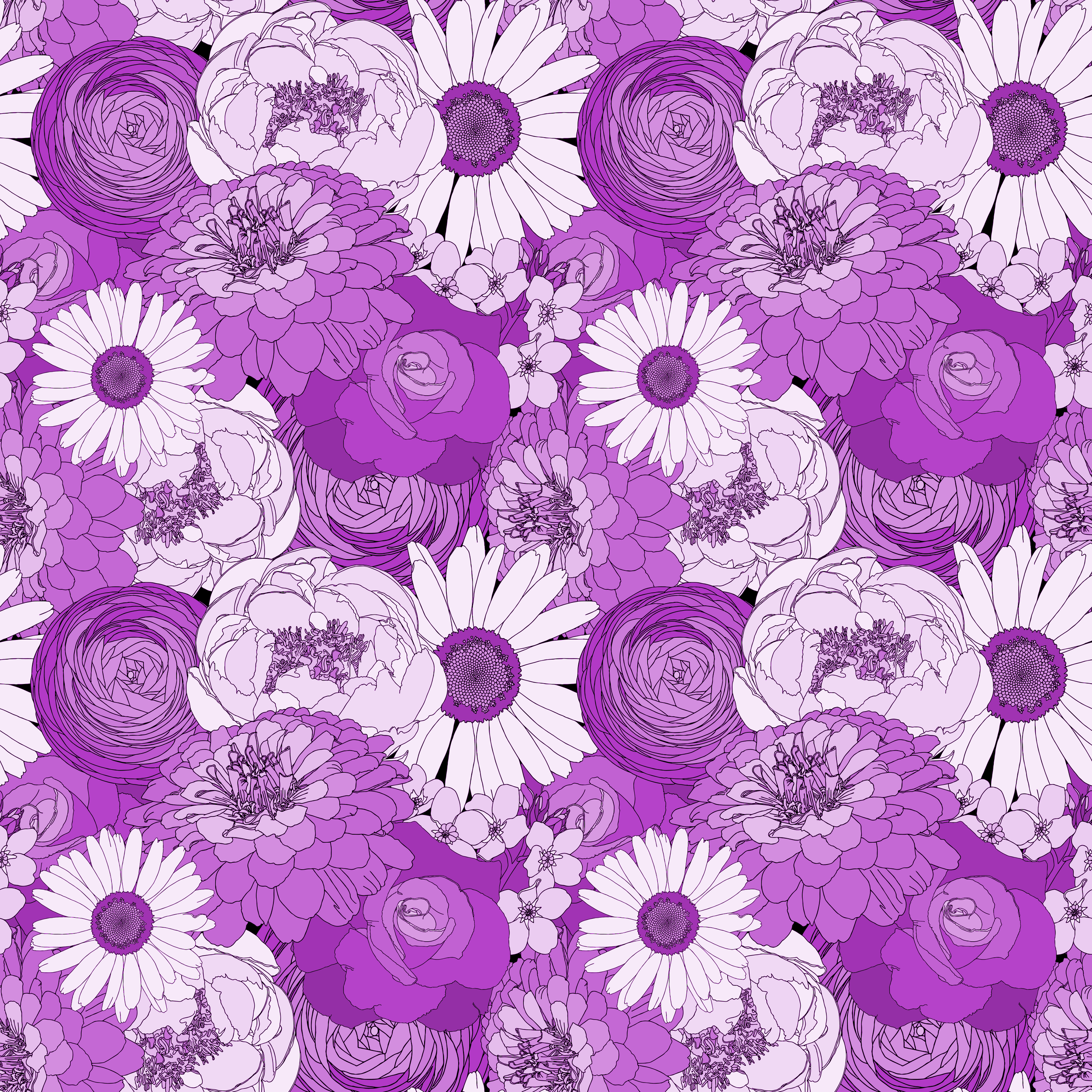 Floral pattern with purple and white flowers, including daisies, peonies, roses, and ranunculus.