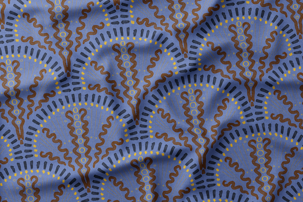 15 Paintbrush Scallops in Cream, Brown, Gold & Blue on Dusty Blue