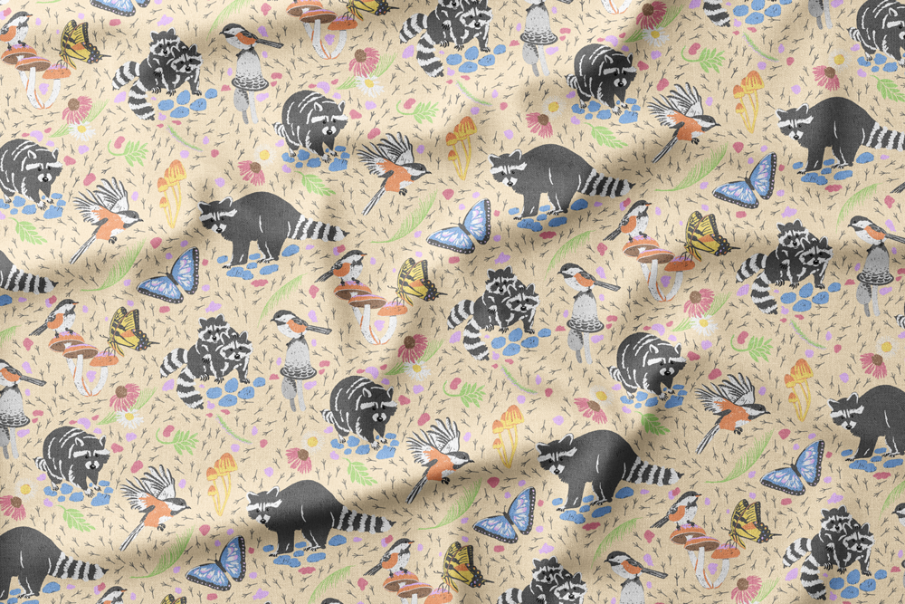 Cozy Mountain Cabin Wildlife #1 Raccoons, butterflies, chickadees, mushrooms, flowers, plants, pebbles, footprints