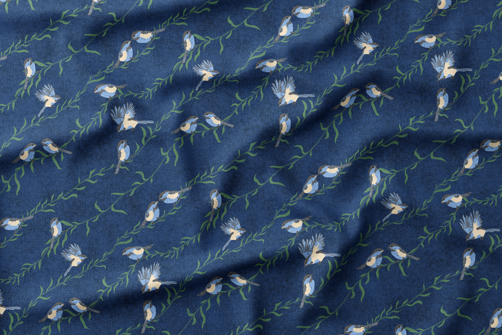 Cozy Mountain Cabin Wildlife
Colorway: 12 (Chickadees and Vines on Dark Blue)