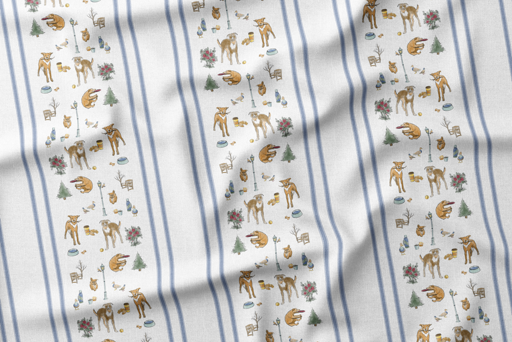 Coffee in the Park with Dogs - Full Color Pattern + Faded Denim Stripes on White Wallpaper