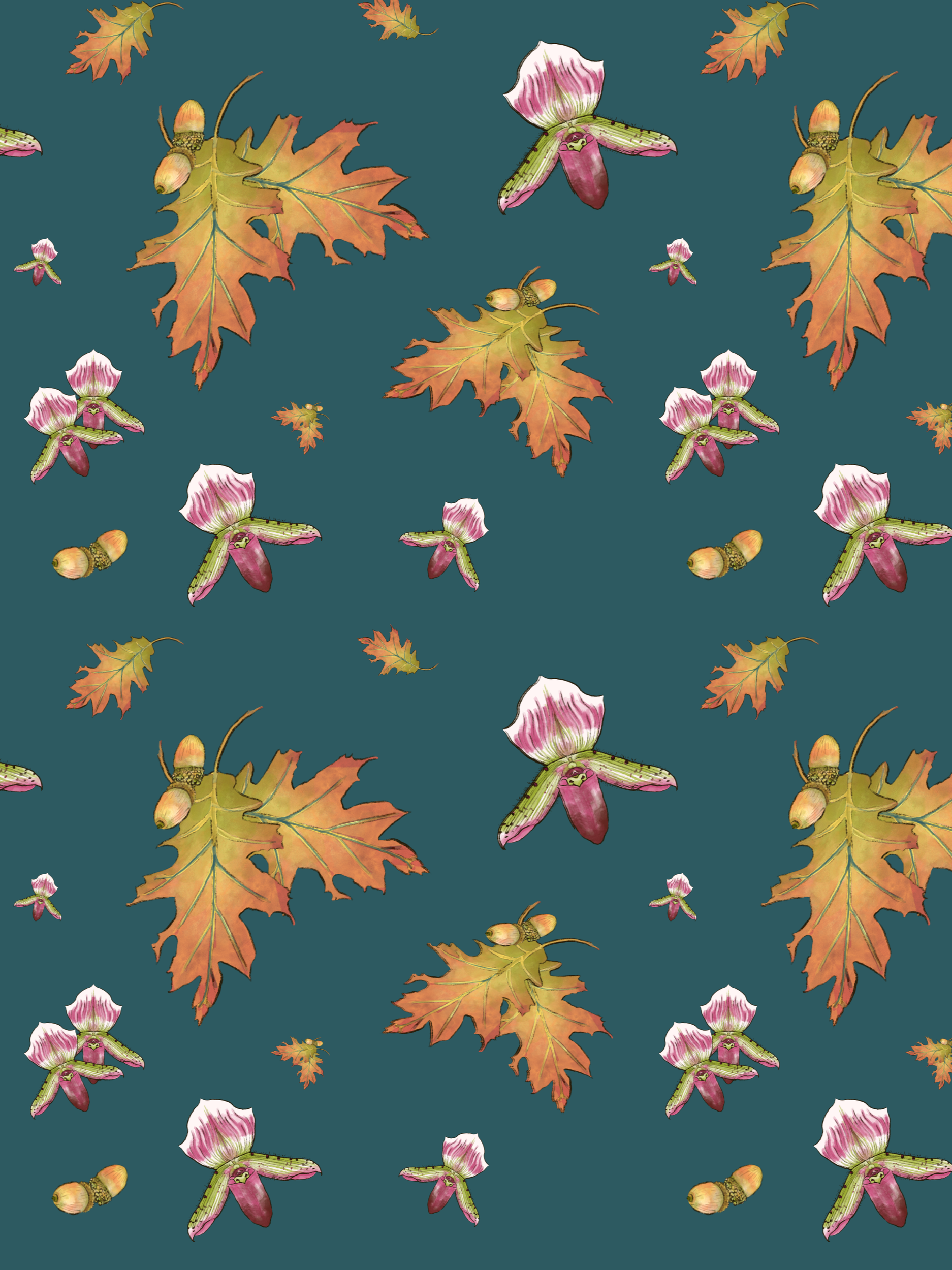 Pattern of autumn leaves, acorns, and flowers on green background.