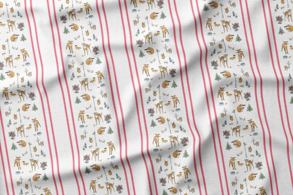 Coffee in the Park with Dogs - Full Color Pattern + Dark Blush Stripes on White