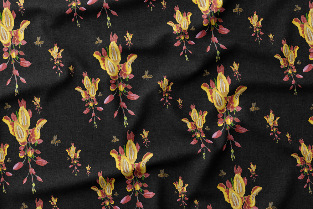 Illustration of yellow and red exotic flowers with bees on a black background.