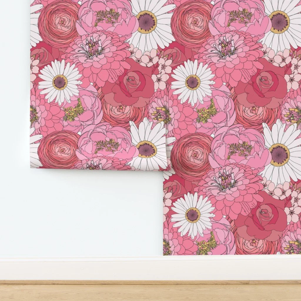 Colorful floral pattern featuring pink and white flowers, including daisies and peonies, with intricate details and yellow centers.