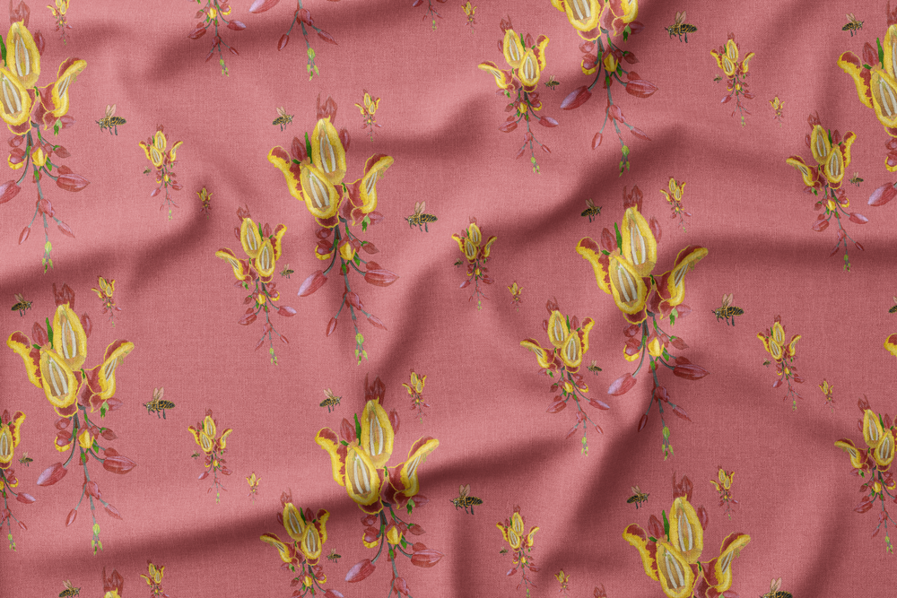 Illustration with yellow and red flowers and several bees on a pink background.