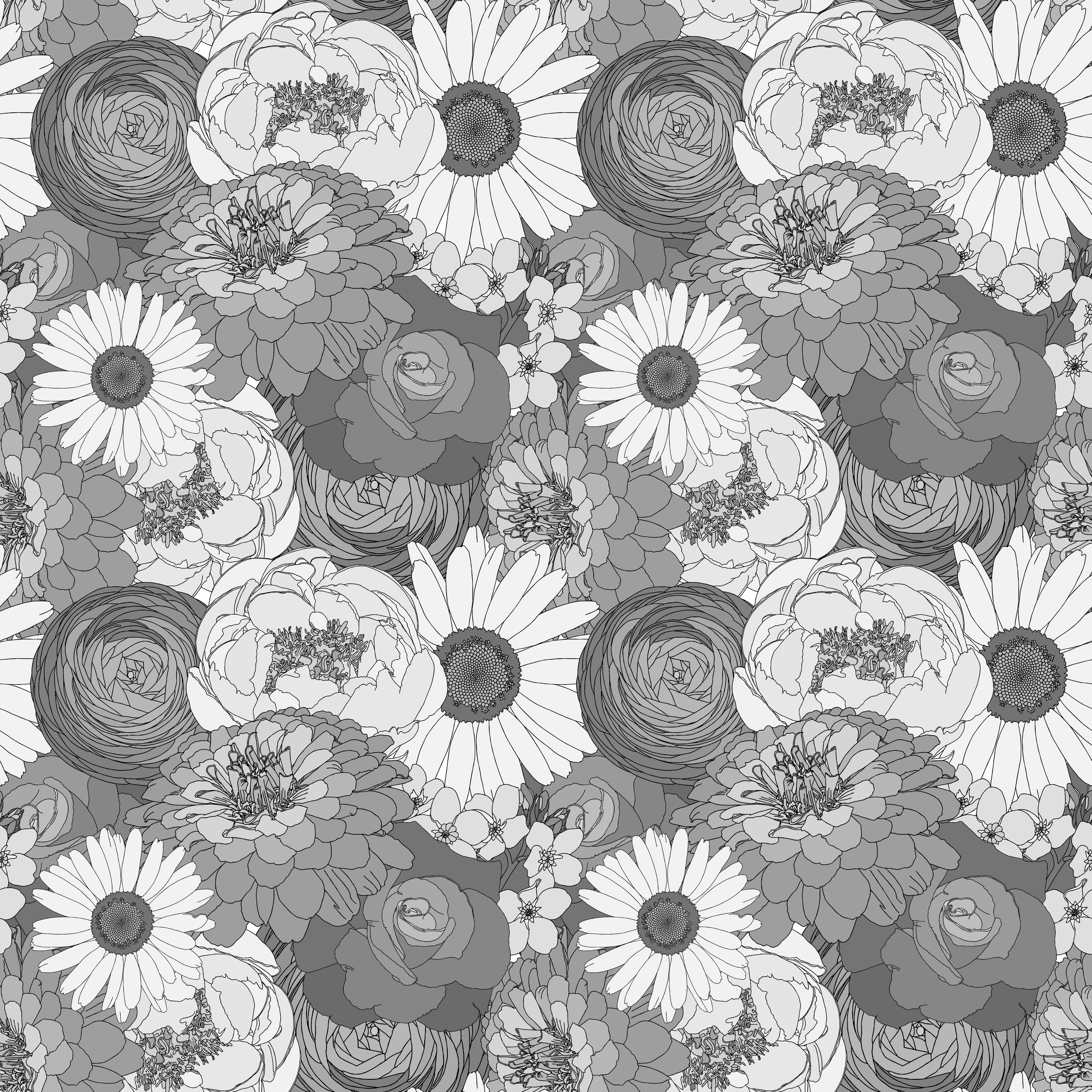 Black and white floral pattern with daisies, roses, and peonies.