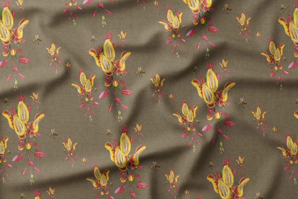 Pattern of bees and vibrant tropical flowers on a brown background.