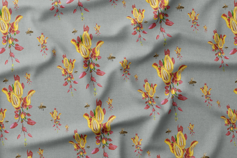 Illustration of yellow and red flowers with bees on a gray background.