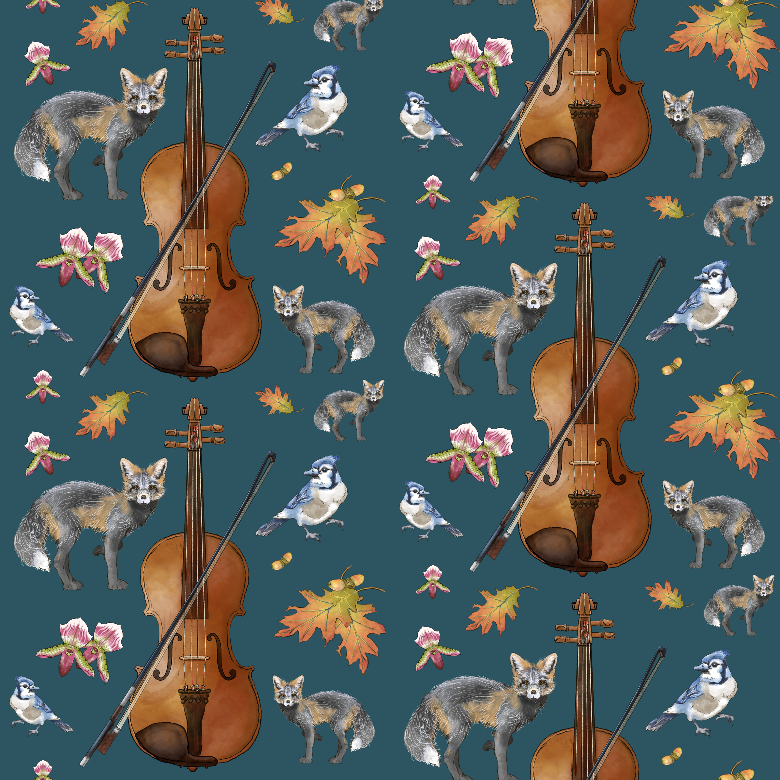 Illustration of a violin with a bow, surrounded by foxes, blue jays, autumn leaves, and flowers on a teal background.