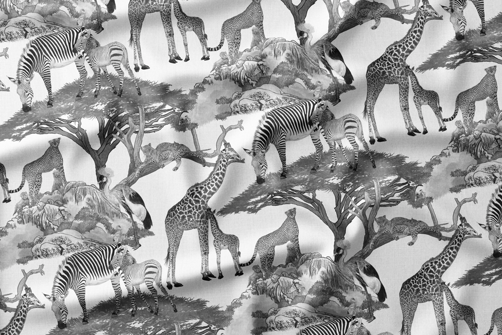 Illustration of African wildlife, including giraffes, zebras, cheetahs, and a crowned crane in a savanna setting.