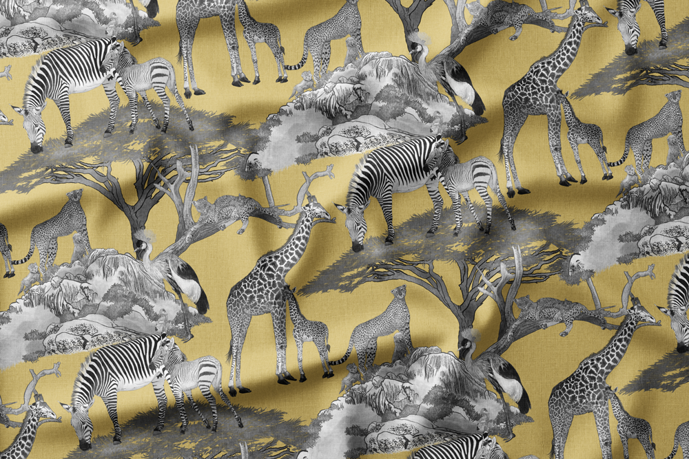 Serengeti Wildlife Families
Colorway: 11 (Traditional Toile on Spicy Dijon)