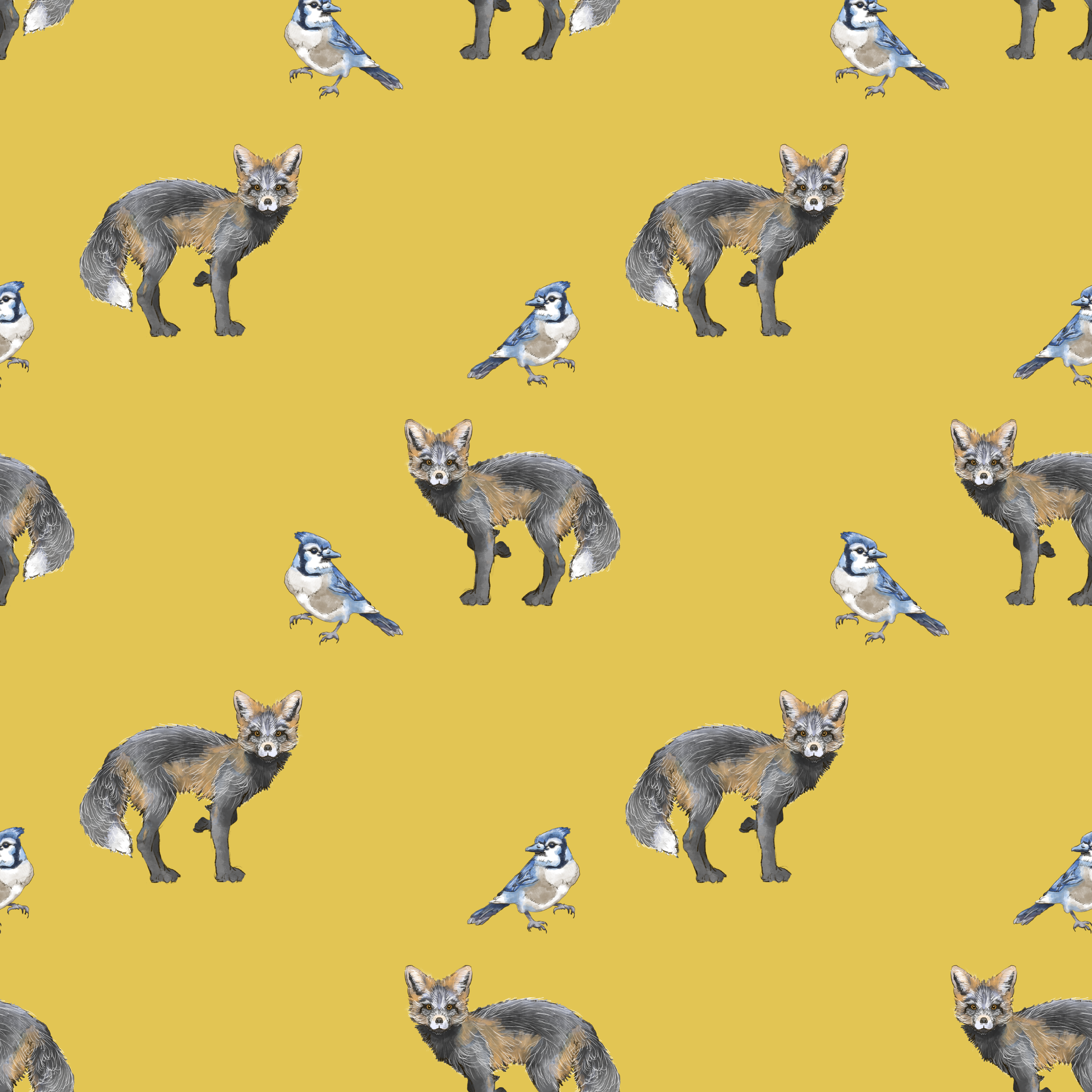 Illustrated foxes and blue jays on yellow background