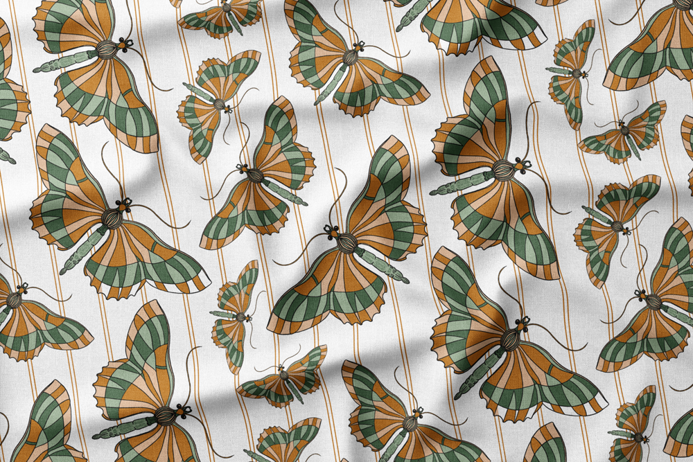 07 Greens & Browns Butterflies Across Gold Pinstripes on White
