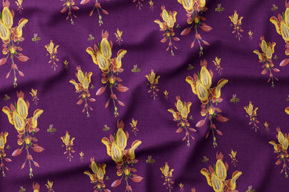 Illustration of yellow and red flowers with bees on a dark purple background.