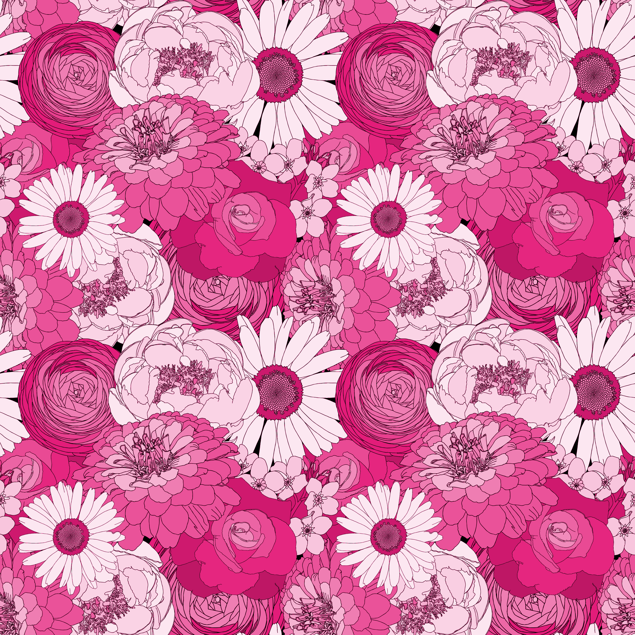 Illustration of various pink and white flowers including peonies, daisies, and ranunculus in a seamless pattern.