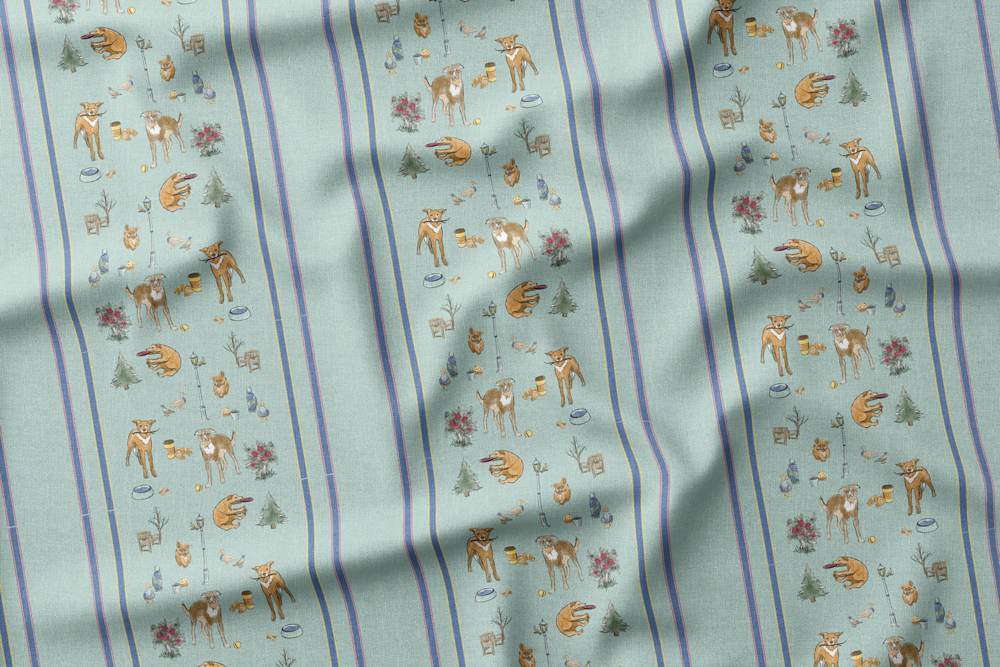 Coffee in the Park with Dogs - Multicolored Stripes on Aqua