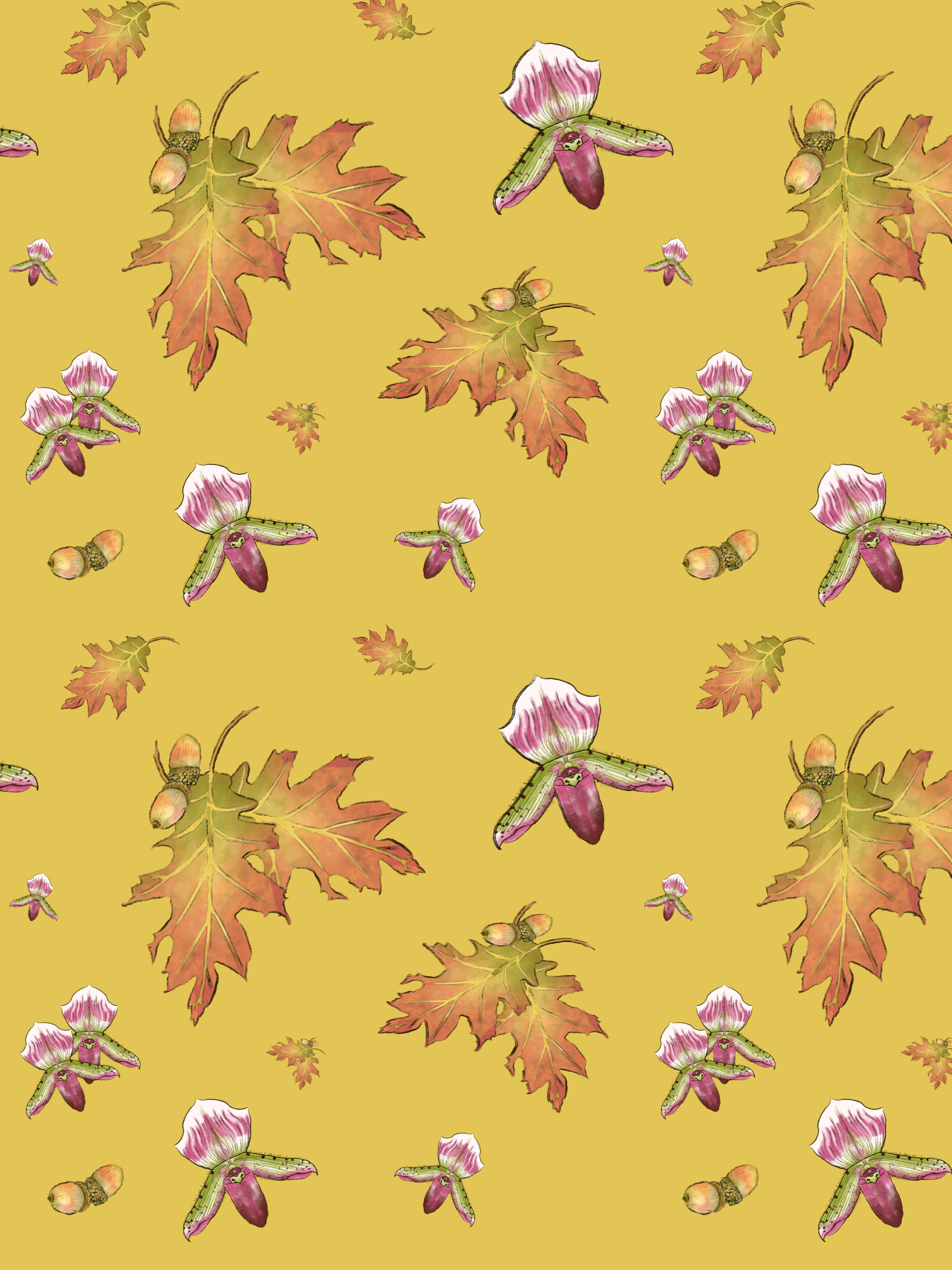 Autumn-themed pattern with watercolor oak leaves, acorns, and pink flowers on a yellow background.