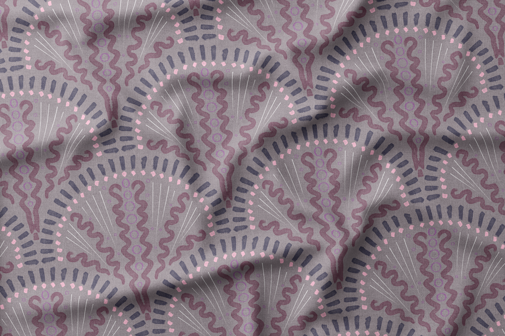 12 Paintbrush Scallops in Pink, Plum, White & Dark Blue on Mauve