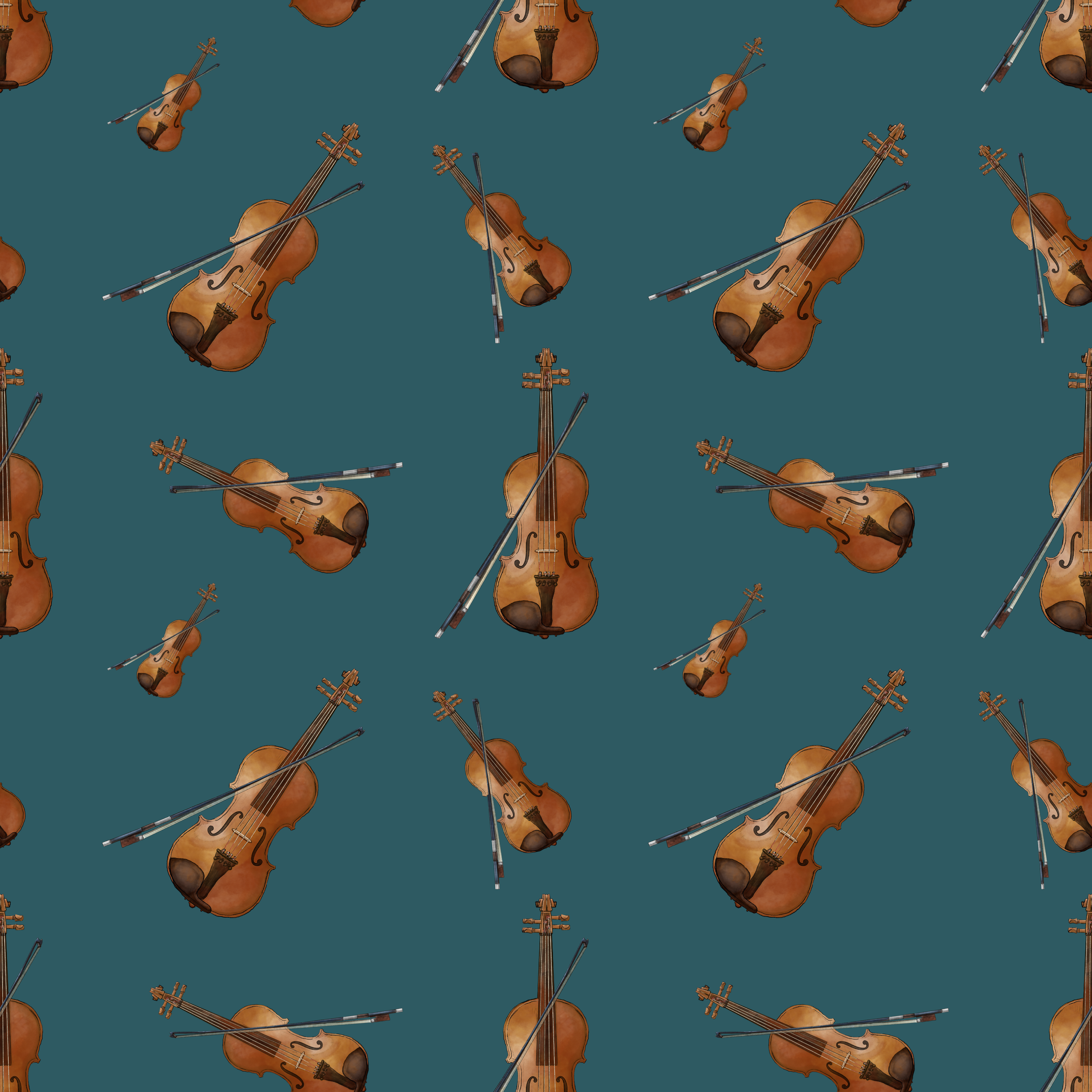 Illustration of violins and bows on a teal background, creating a seamless pattern.