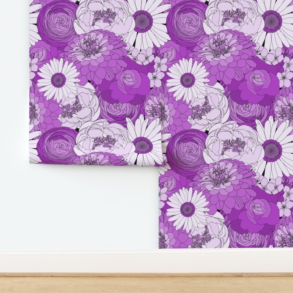 Floral pattern with purple and white flowers, including daisies, peonies, roses, and ranunculus.