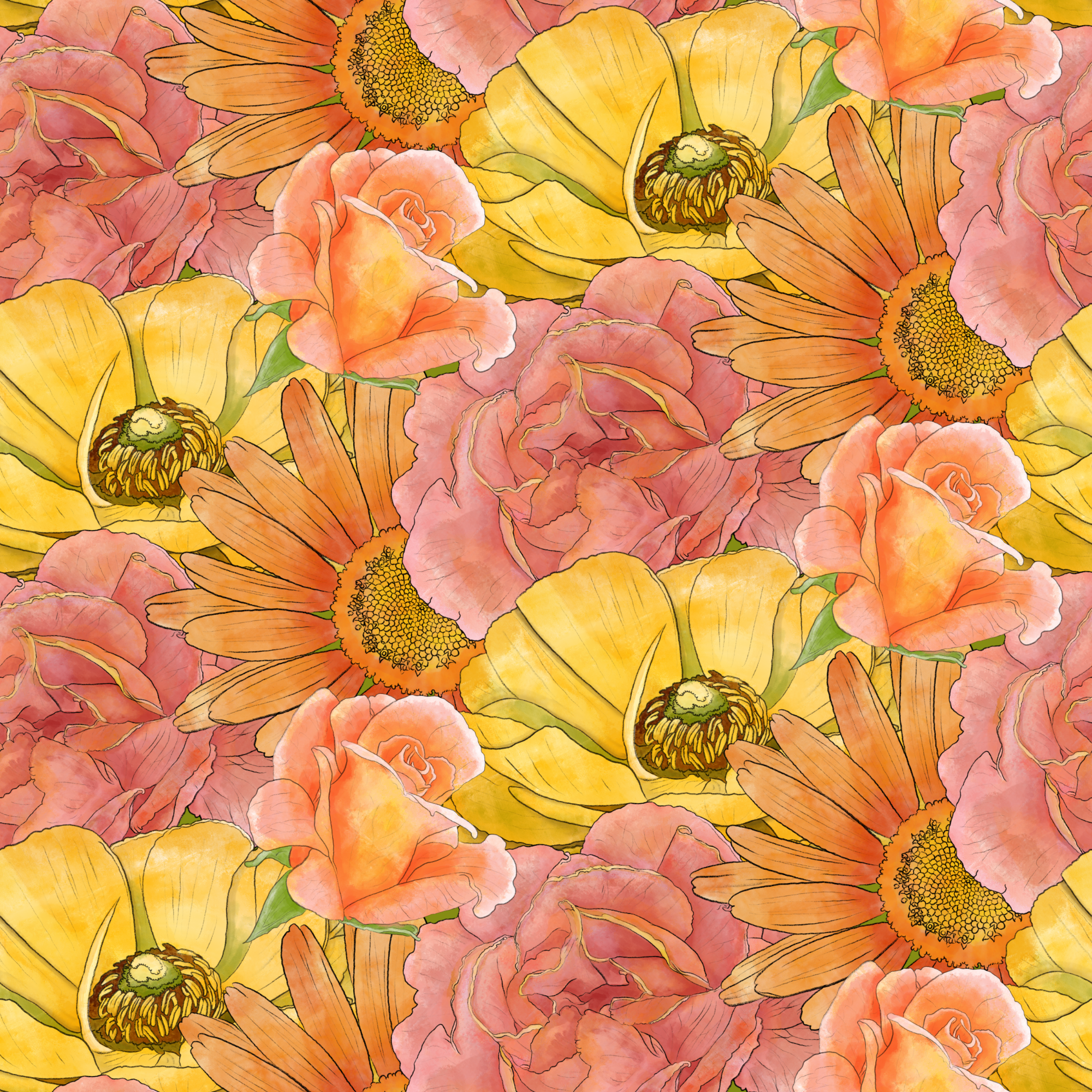 Wallpaper & Fabric pattern featuring Zinnias, Ranunculus, Gerberas, Roses on Grass Green