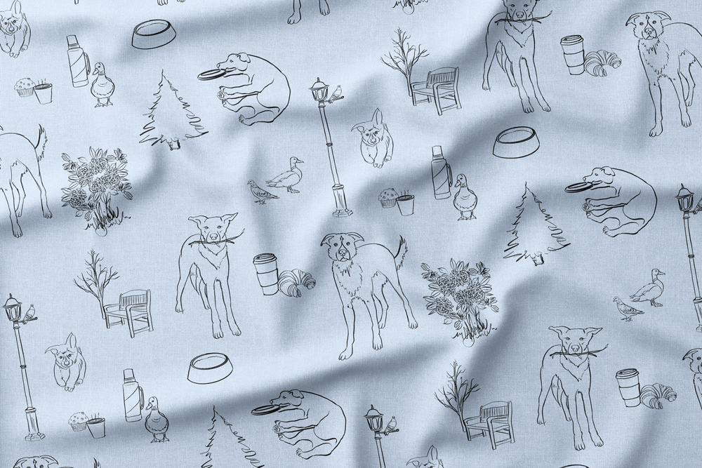 Black Line Art on Light Blue - Coffee in the Park with Dogs