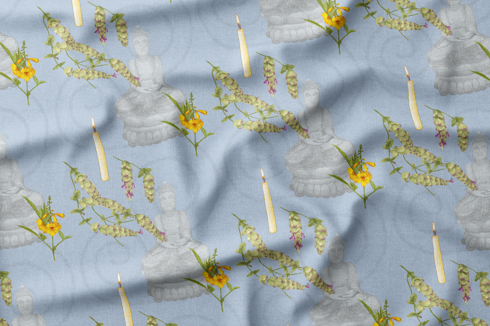 Pattern featuring Buddha statues, candles, flowers, and swirling vine designs on a light blue background.