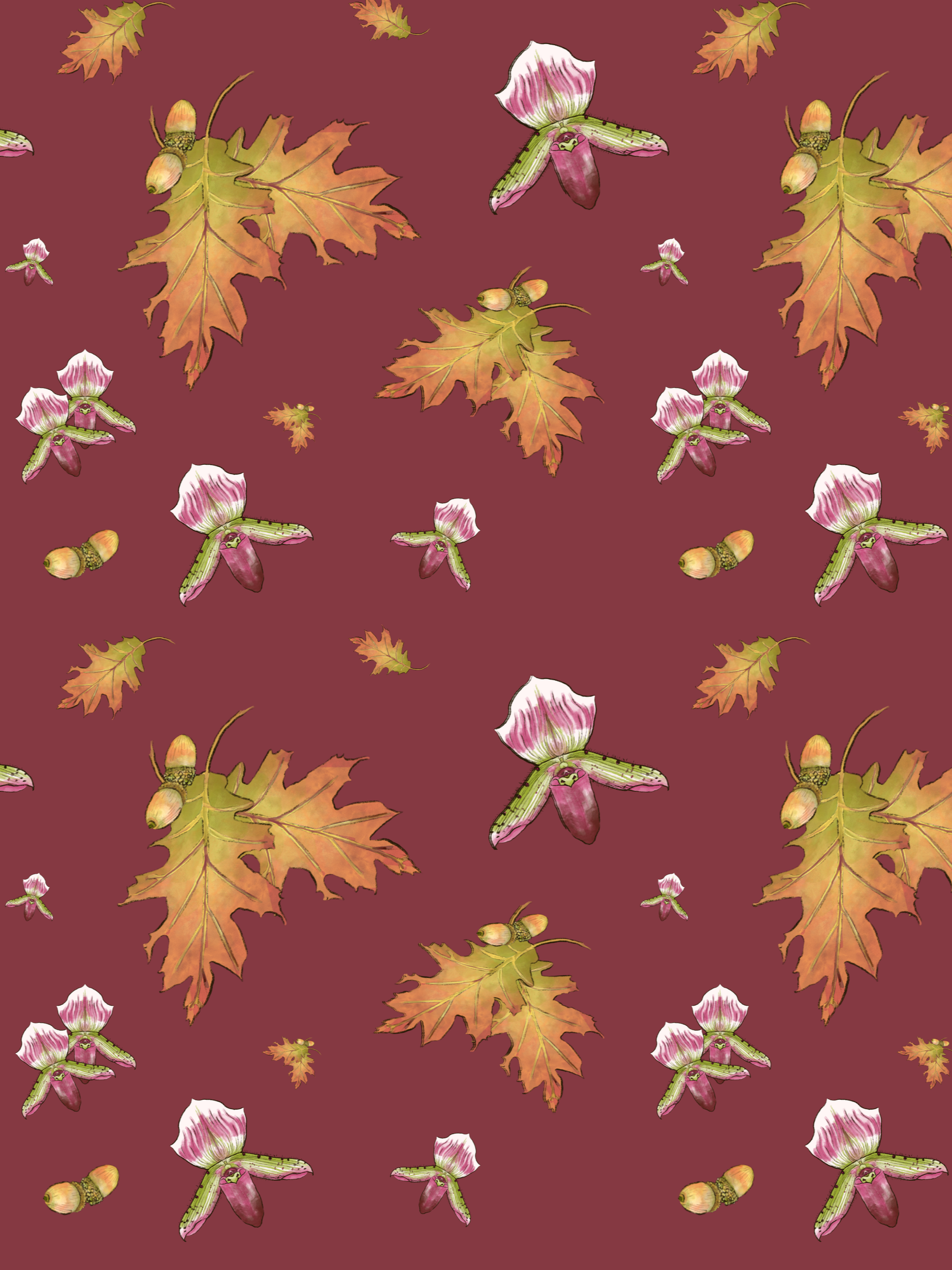 Illustration of oak leaves and orchids on a maroon background