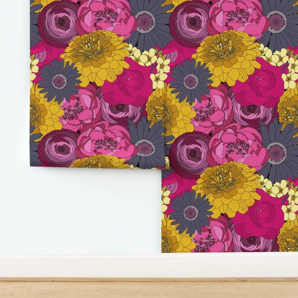 Illustrated floral pattern with tropical-colored flowers, including roses and daisies, in a seamless design.