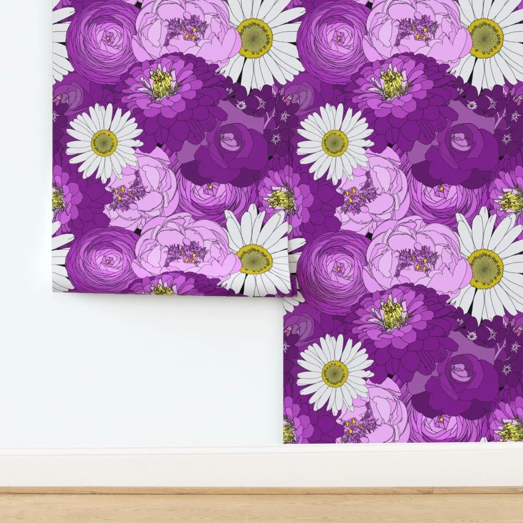 Colorful floral pattern featuring purple and white flowers, including daisies and peonies, with intricate details and yellow centers.