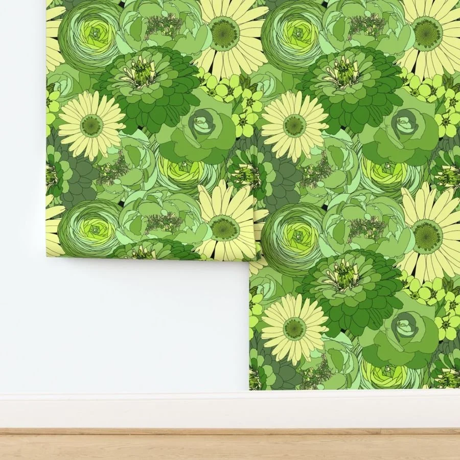 Illustrated pattern of green and yellow flowers, including daisy-like and rose-like blooms, with intricate petal details.