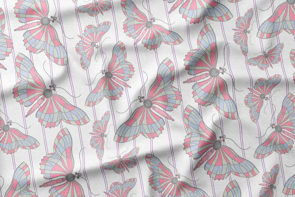 10 Pastel Butterflies Across Pastel Pinstripes on White