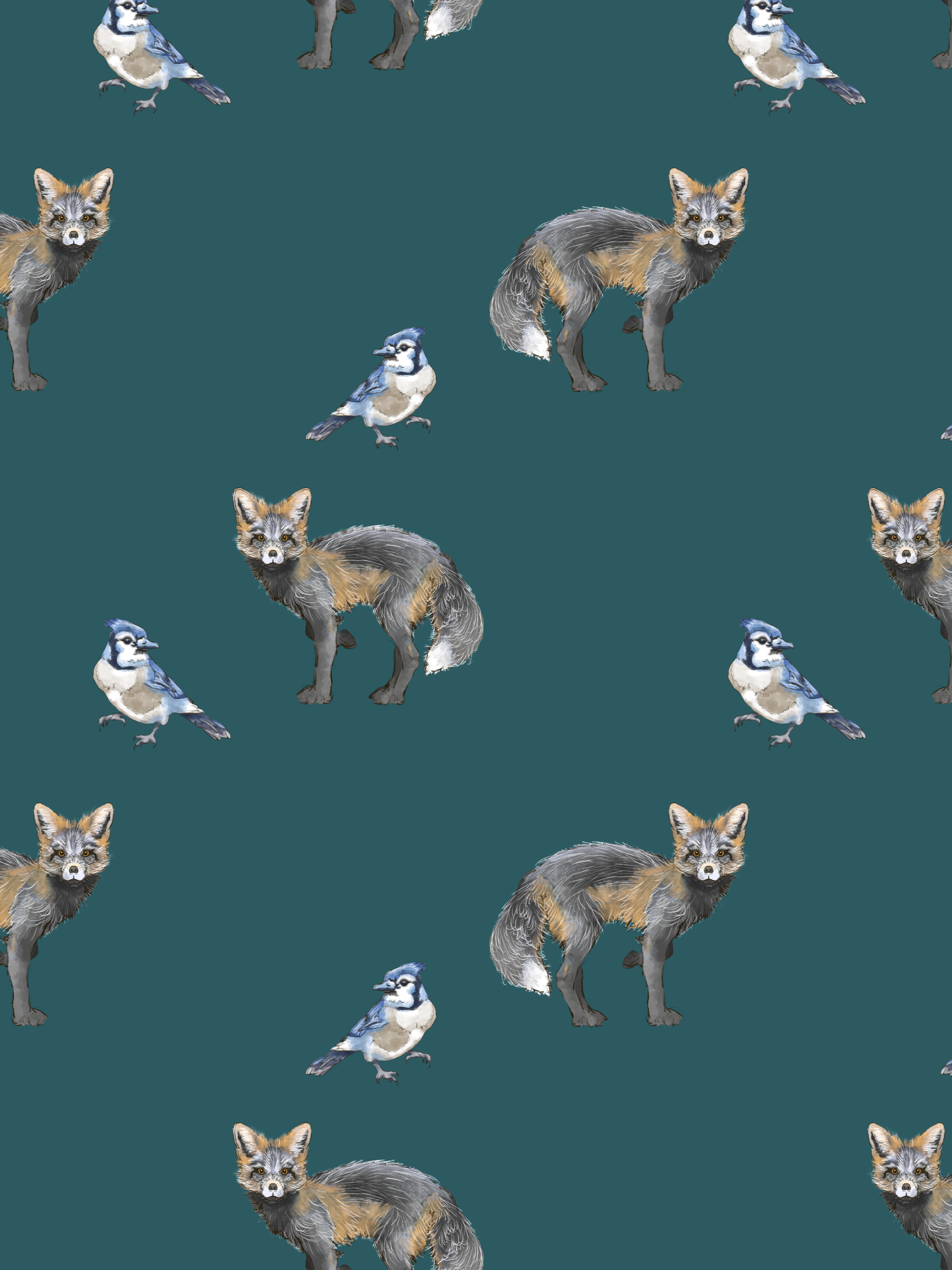 Illustrated pattern featuring a fox and blue jays on a teal background.
