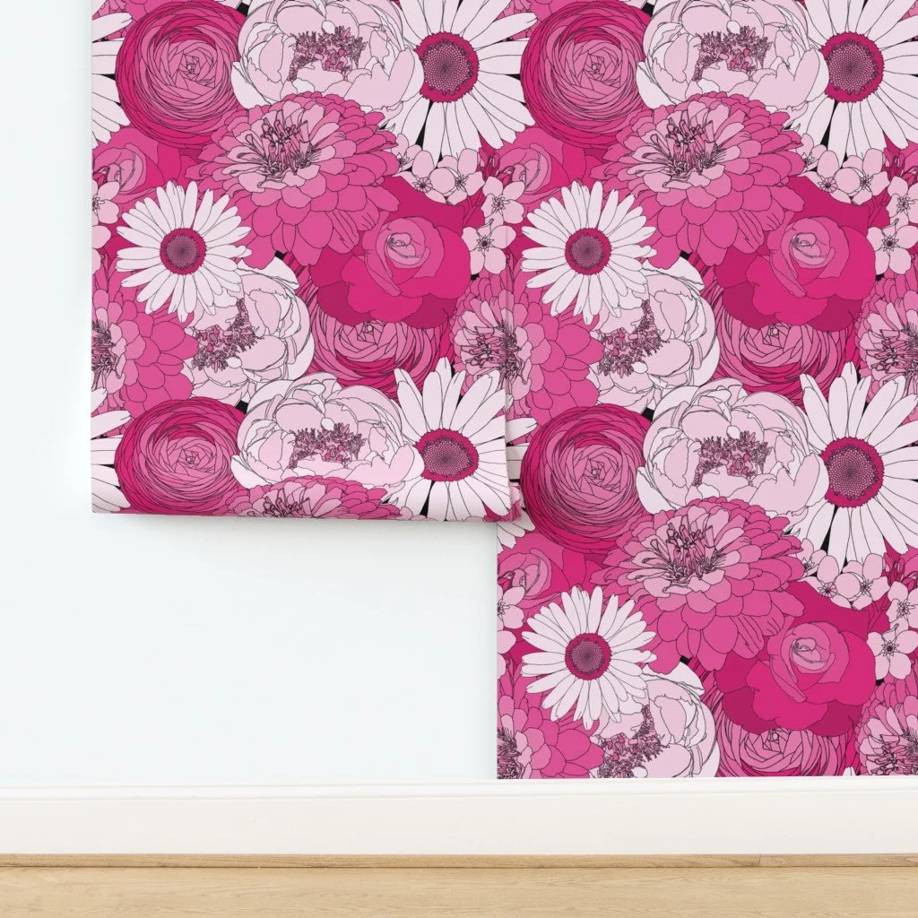Illustration of various pink and white flowers including peonies, daisies, and ranunculus in a seamless pattern.
