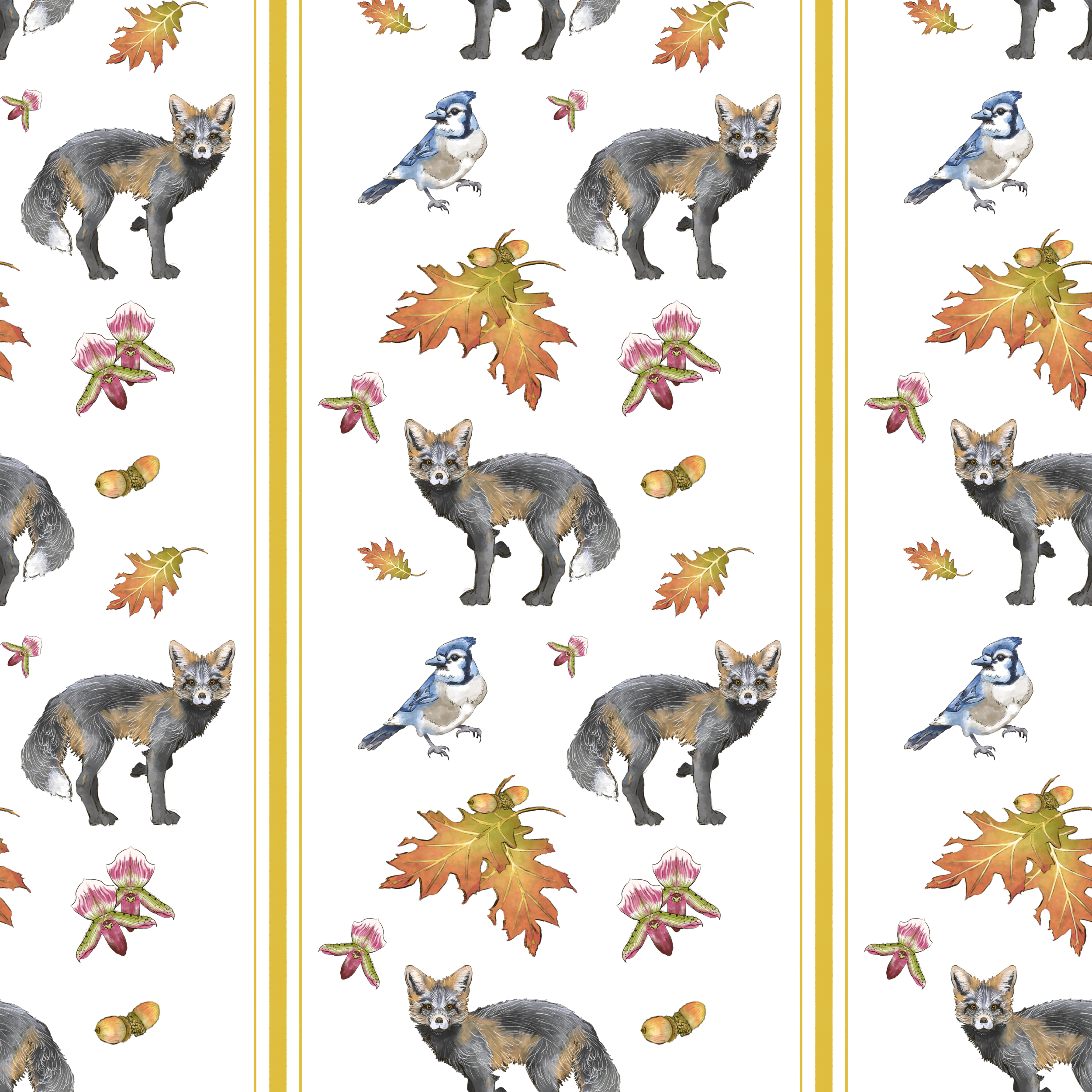 Illustrated autumn pattern with animals and nature elements, featuring a fox, blue jay, acorns, leaves, and flowers on a white background with a yellow stripe.