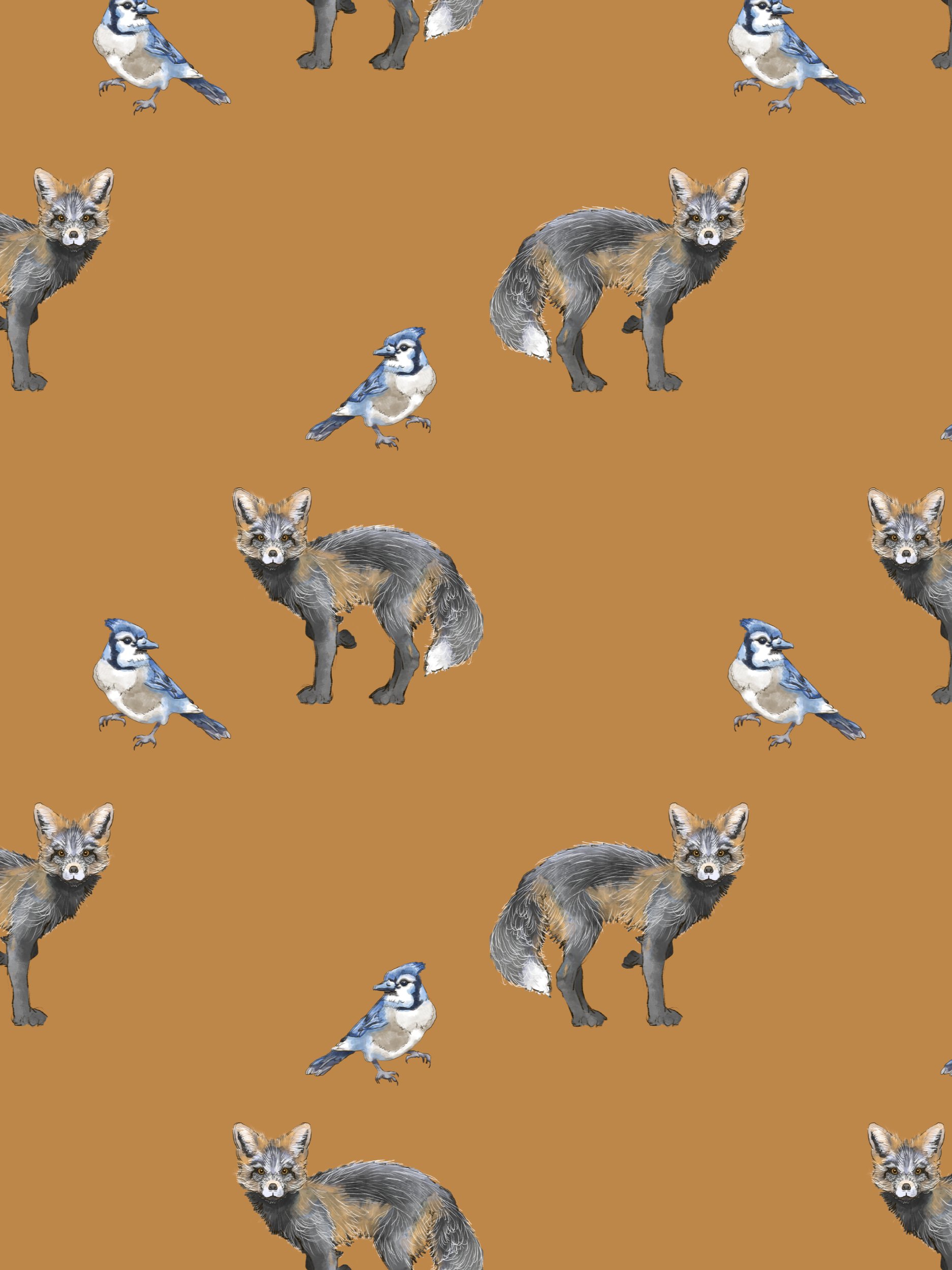 Illustrated pattern featuring foxes and blue jays on a brown background.