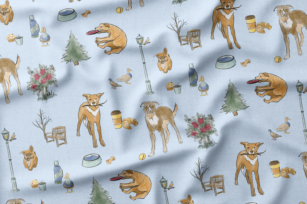Seamless pattern featuring dogs playing with frisbees, trees, park benches, ducks, coffee cups, croissants, lampposts, bowls, flowers, and trees on a light blue background.